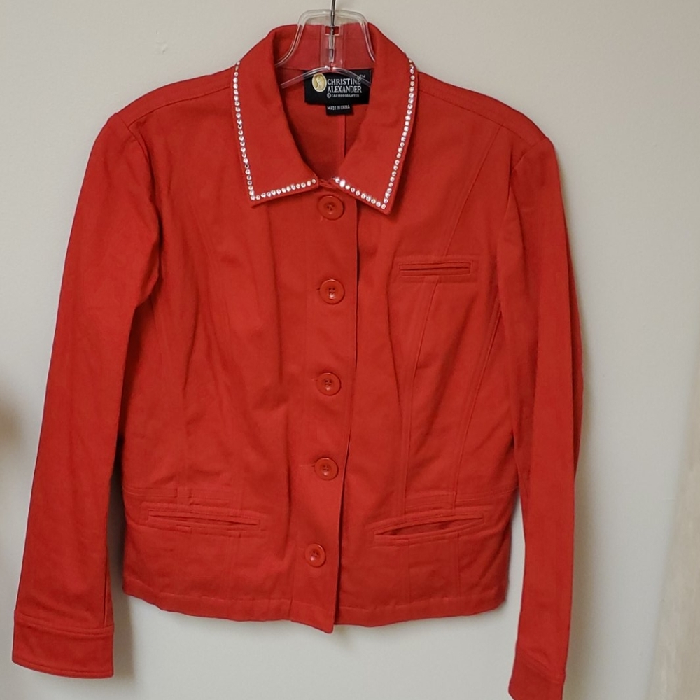 Christine Alexander red embellished denim jean jacket S